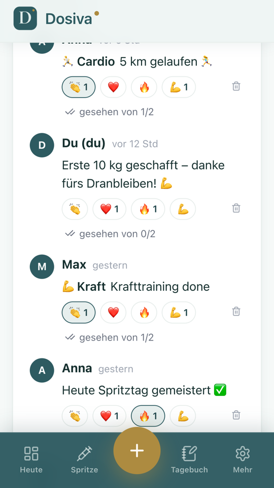 Screen „Gruppe“ der Dosiva App mit Beiträgen von Gruppenmitgliedern und Reaktionen.