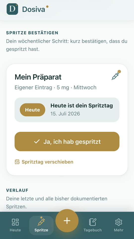 Screen „Spritze“ der Dosiva App mit dem Hinweis, dass heute der Spritztag ist, und einer Schaltfläche zum Bestätigen.